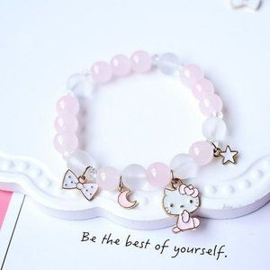 Hello Kitty Bracelet Pink Beads with Charms Kitty Bow Star & Crescent Moon Small